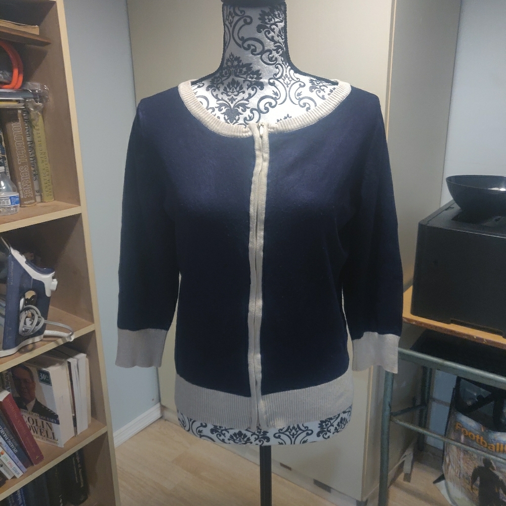 Navy Blue and Cream Zipper Front Cardigan